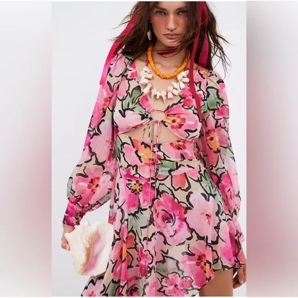 NWT For Love & Lemons Tiana Printed‎ Midi Dress Pink Sz XS $199 - Image 3