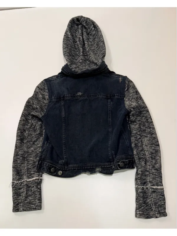 Free People Denim Knit Sleeve Hooded Jacket Distressed Dark Wash h - Image 5