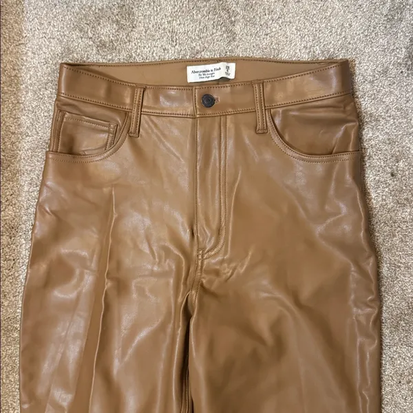 Abercrombie & Fitch Tan Curve Love Straight Leg Leather Pants - Image 6