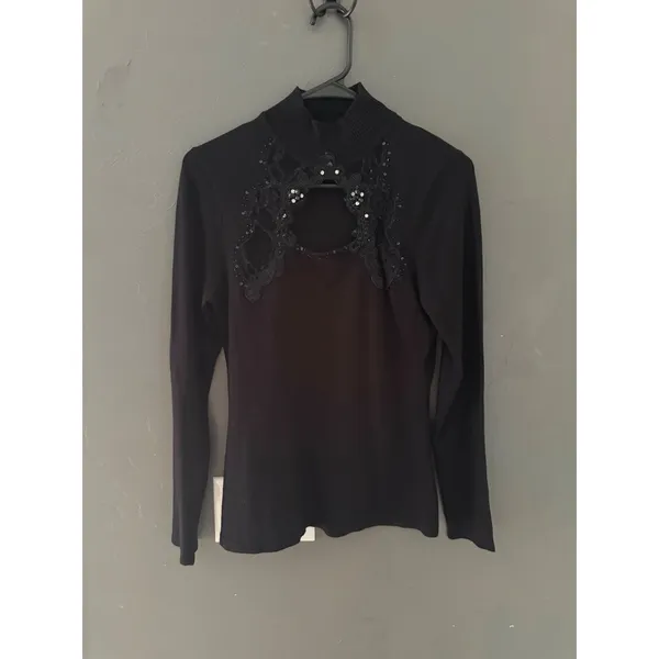 Vintage Whimsigoth Witchy Mock Neck Top Lace Sequin Embellished Knit Sweater - Image 5