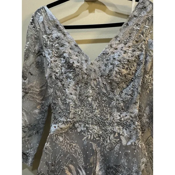 MAC DUGGAL 20214 LONG SLEEVE BEADED APPLIQUE GREY MULTI GOWN Size 6 Dress - Image 6