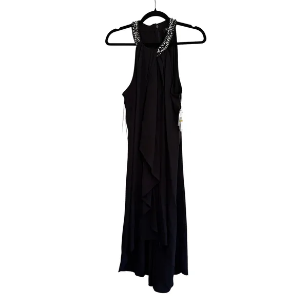 SLNY Womens Black Embellished Halter Neck Draped Evening Gown 119005 Size 14 - Image 12