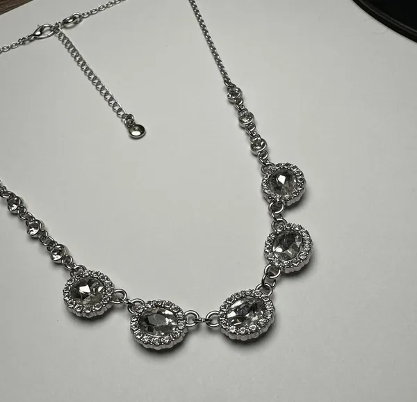 Roman Clear Rhinestone Silver Tone Necklace Signed RMN Adjustable Length - Image 6