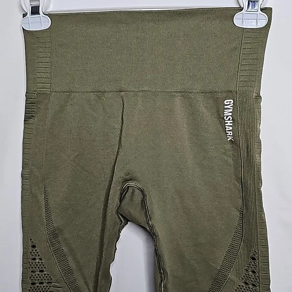 Gymshark olive green detailed seamless pull on stretchy workout leggings sz Med - Image 3