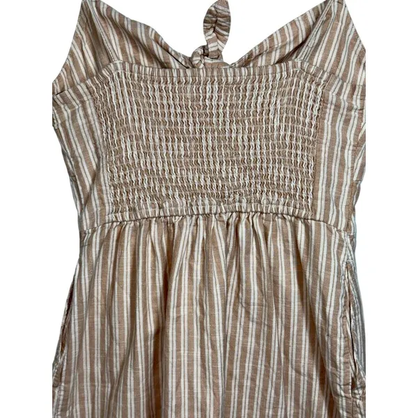 Abercrombie & Fitch White Tan Beige Striped Tie Front Smocked Mini Dress Size XS - Image 6