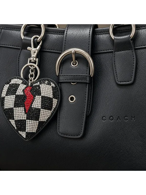 Coach Leather Medium Tote Bag Black with Heart Charm Shoulder Handbag - Image 6