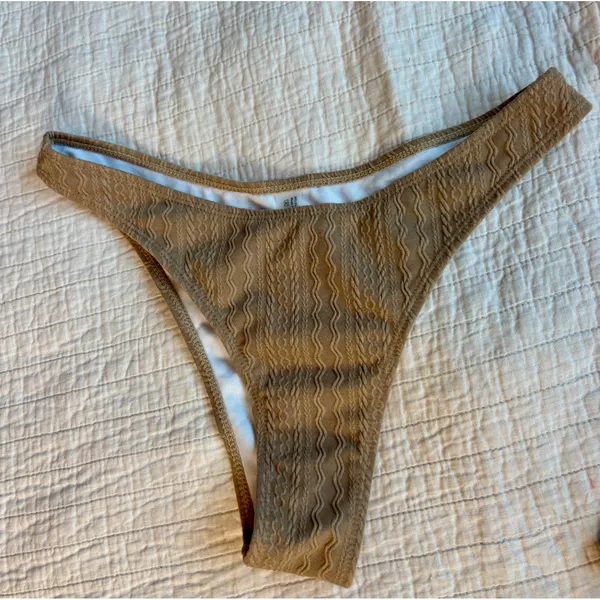 Tan Cable Knit Textured Bikini Set Scoop Neck High Cut Two Piece Swimsuit L - Image 2