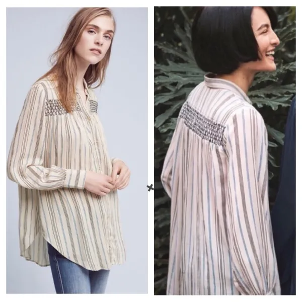 Anthropologie Floreat Norfolk Blouse Striped Long Sleeve Shirring Smocked Sz‎ XS - Image 2