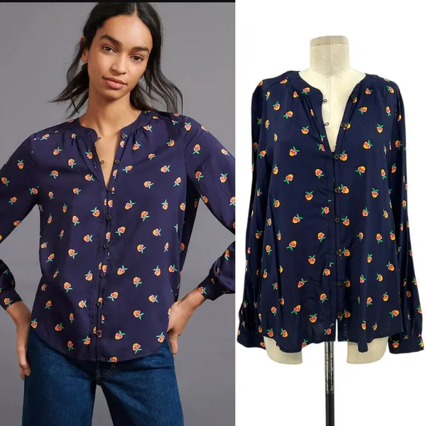 Anthropologie Kendra Dandy Dreamer Buttondown Top Blouse Pineapple Navy Blue‎ 12 - Image 2
