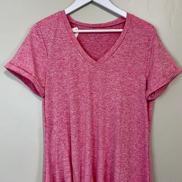 Women’s V Neck Side Gather Short Sleeve Casual Midi Dress Heathered Pink NWOT - Image 2