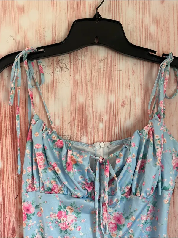 Shein PARTHEA Blue Floral Print Spaghetti Strap Mermaid Hem Ruched Maxi Dress L - Image 4