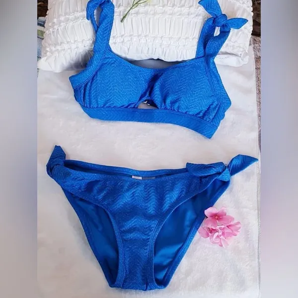 NWOT Sugar Beach Cobalt Blue Glitter Chevron Swim Bikini Set Sz Medium - Image 16