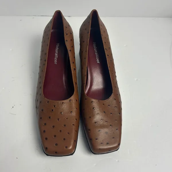 Naturalizer Brown Ostrich Embossed Leather Square Toe Block Heel Pumps 9M FLAW - Image 13