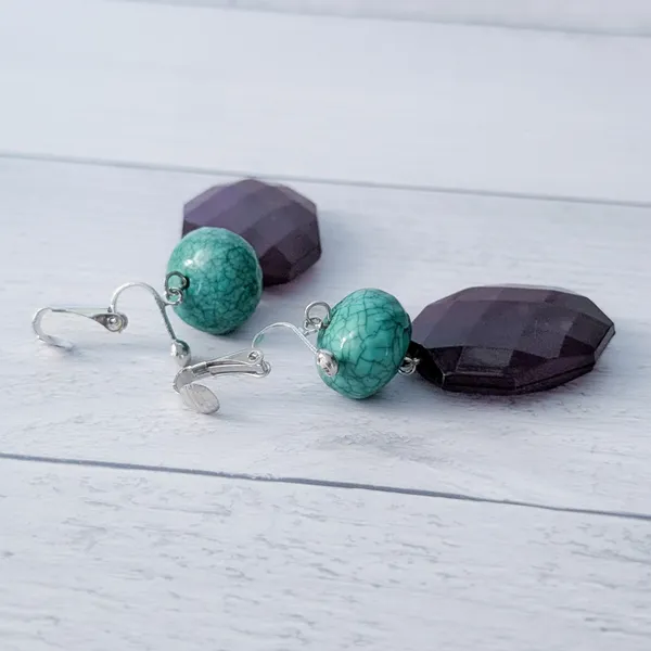 Vintage Clip On Earrings 1.25" Dark Purple & Turquoise Tone Large Chunky Dangle - Image 4