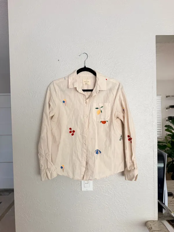 Sézane x Pangea Tomboy Shirt Fruit Floral Embroidered Ecru Linen Button down - Image 3