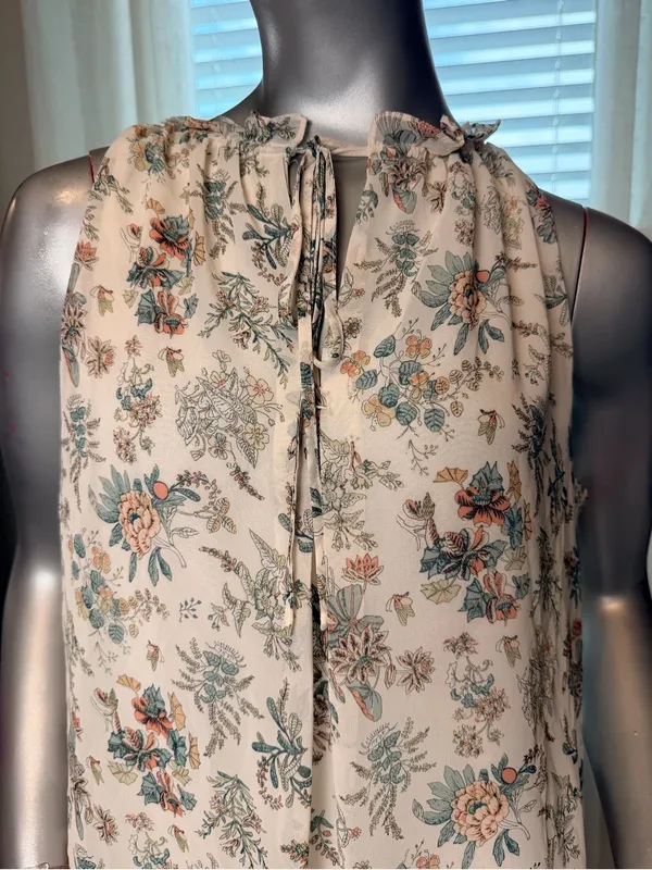 Max Studio Floral Sleeveless Blouse Large Boho Tie Neck Cream Ivory Cottagecore - Image 3