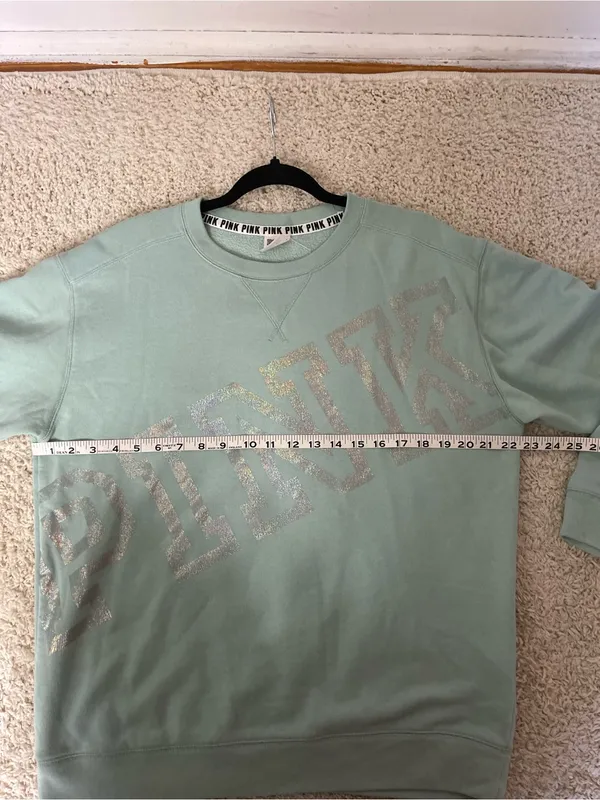 PINK Victoria's Secret Mint Green Crewneck with Silver Sparkle Logo - Image 4