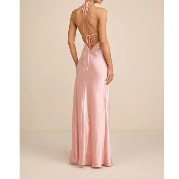 NEW Lulus Magnificence Blush Pink Glossy Satin Backless Halter Maxi Dress Large - Image 4