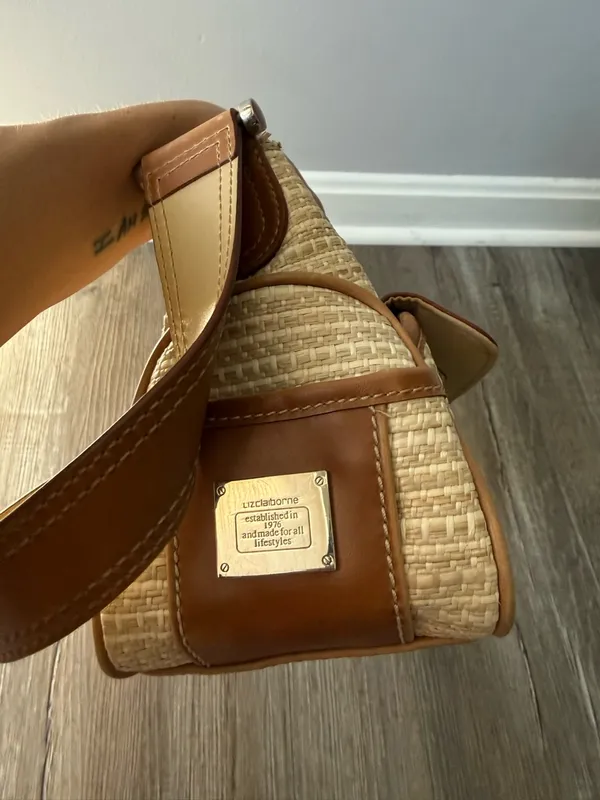 VTG Liz Claiborne Woven Beige Tan Straw Shoulder Bag Brown Trim Grandma Core S M - Image 9