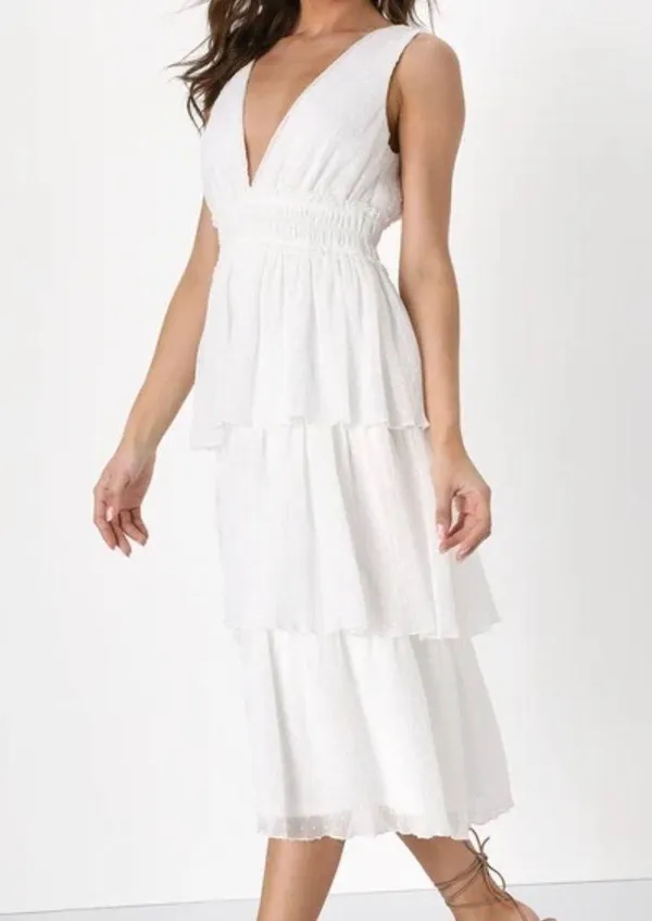 Lulus dreamy mood white Swiss dot tiered midi dress. Polyester. Size Small. - Image 2