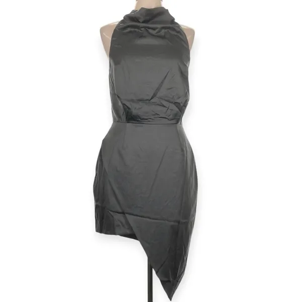 NWT Elliatt Camo Blouson Halter Dress Sz Large Charcoal Gray Asymmetrical Satin - Image 4