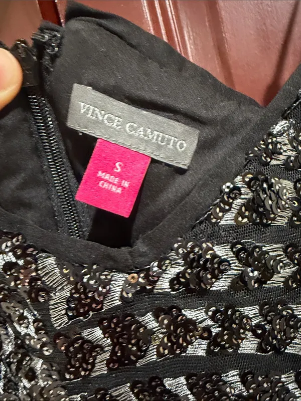 Vince Camuto Black Sequin Mini Slip Dress with Silver Accents - Image 5