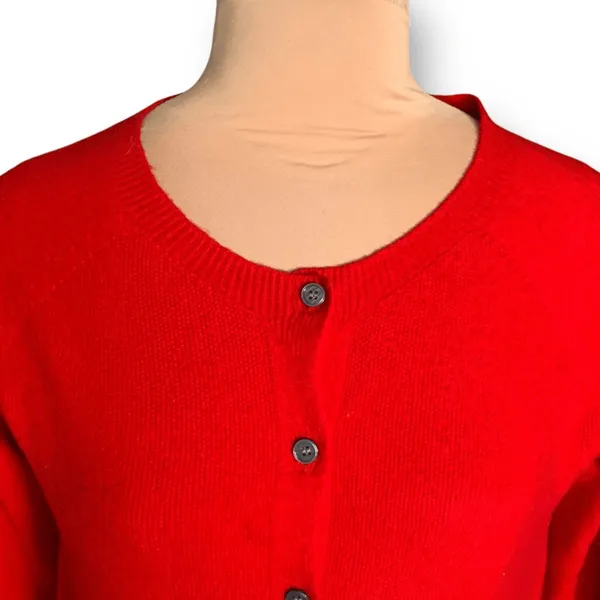 Vintage Bright Cherry Red Ribbed Knit Button Front Round Neck‎ Cardigan Sweater - Image 2