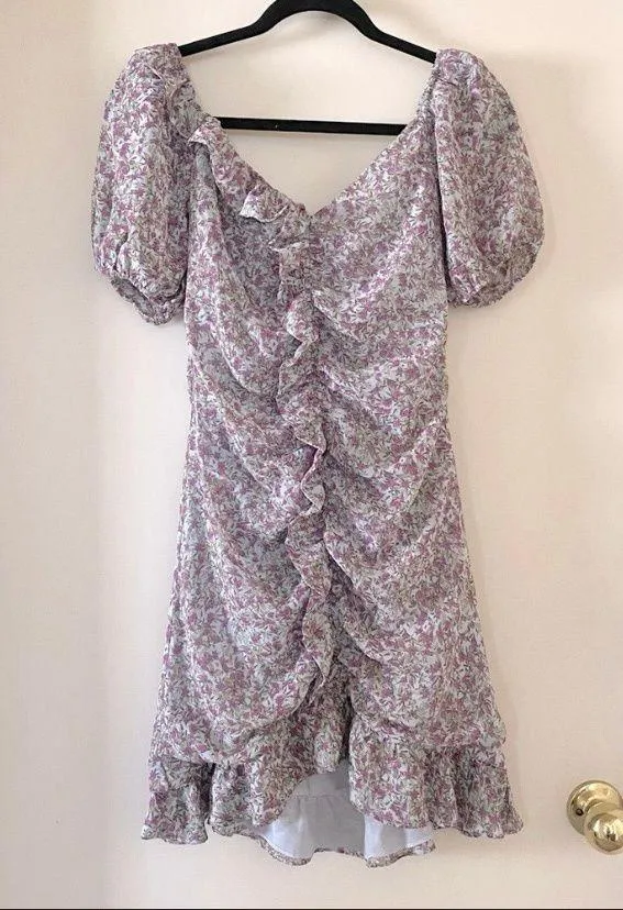 ASTR Shirred Ruffle Mini Dress Teal & Purple Ditsy Floral - Image 5
