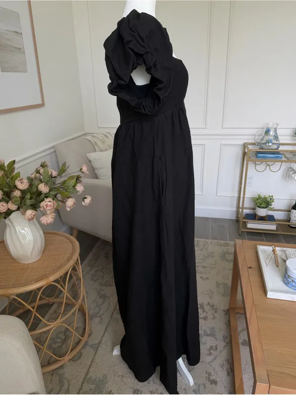 A. REN Candace Linen Maxi Dress Washed Black Puff Sleeve Smocked Back M - Image 6