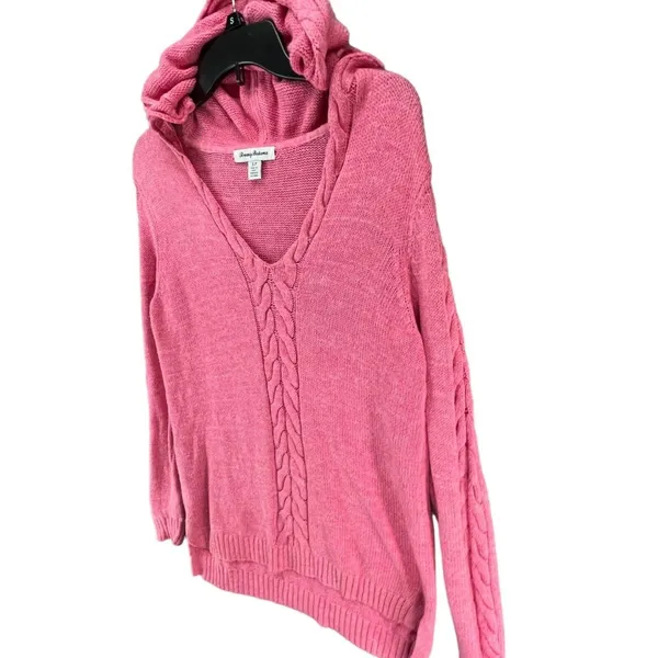 Tommy‎ Bahama Cable Knit Sweater Womens Small Pink Hooded Pullover Linen Cotton - Image 4