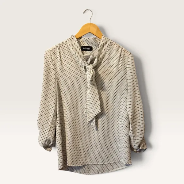 fab'rik Women Small White Polka Dot Tie Neck Blouse Roll Tab Sleeve Preppy - Image 2