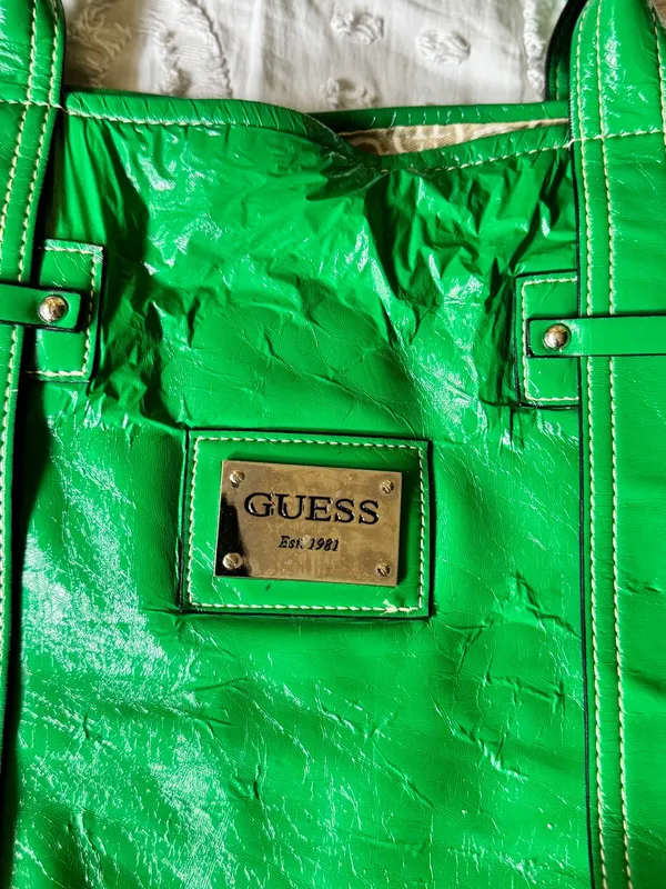 Guess Shiny Green Patent Tote with Branded Plaque - Image 9