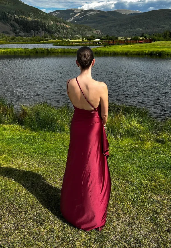 One Shoulder Satin Formal Dress Red - Image 2