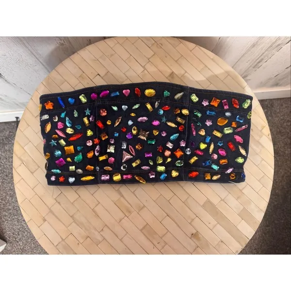 GJG Denim Bejeweled Tube Top Womens Small Multi Color Rhinestone Denim Bandeau - Image 8