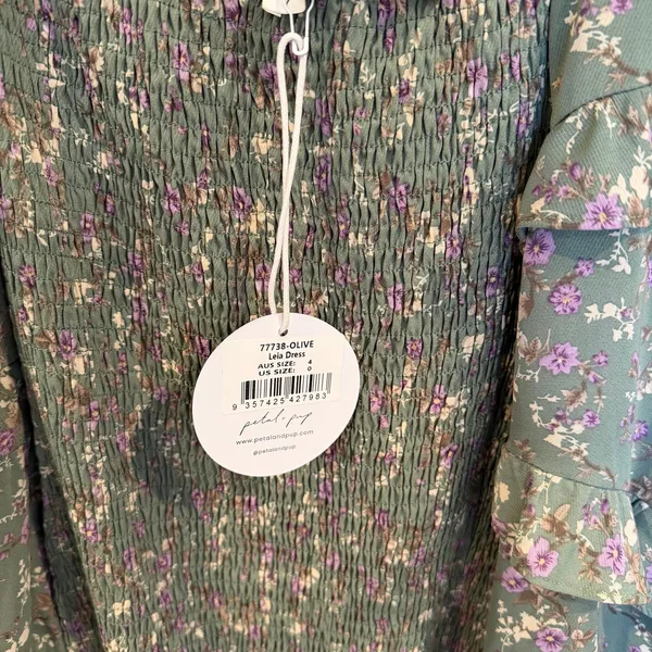 Petal & Pup Leia Floral Smocked Midi Dress Olive Puff Sleeve NWT US 0 - Image 6