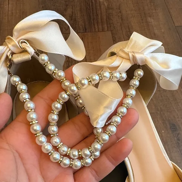 Azazie Cream Heels with Bow and Pearl Accent - Image 14