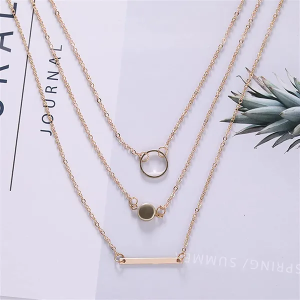 3 Piece Gold Layered Medallion, Long Bar, Hoop Choker Necklace - Geometric - Image 2