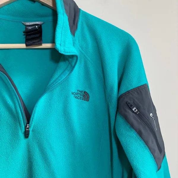 The North Face turquoise quarter zip fleece sweater women's L sleeve pocket - Image 2