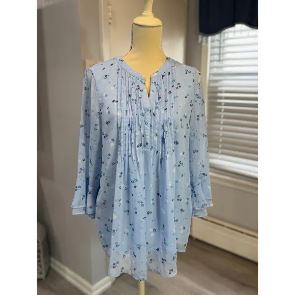 Charter Club XL Blue Floral Pintuck Bell Sleeve Tunic Blouse Boho Cottagecore - Image 2