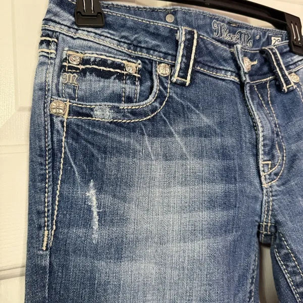 Miss Me Denim Jeans Distressed Boot Fleur De Lis JP5182B Embroidered Back Pocket - Image 8