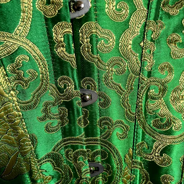Vintage Corset 80s Floral Embroidered Lace Up Back Frill Trim Overbust Green S - Image 2