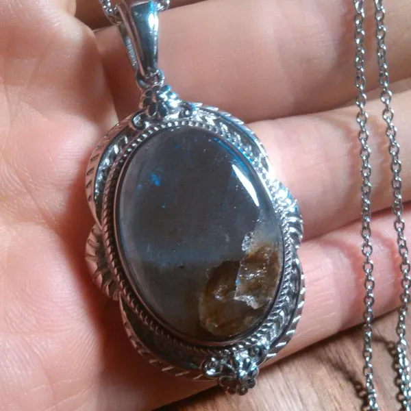 Madagascar Fire Labradorite Feather Stainless Steel Pendant Necklace - Image 8