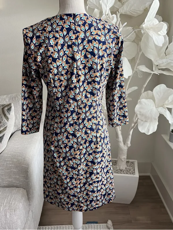 J. McLaughlin Sophia Shift Dress In Navy And Orange Peacock Long Sleeve Dress M - Image 3
