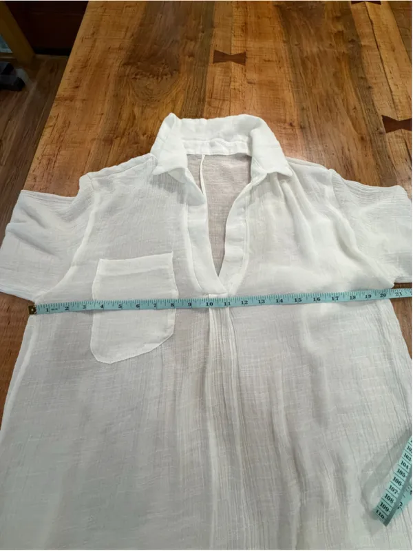 Womens White Gauze Linen Blend Tunic Dress Shirt V-Neck Tie Sleeve Beach Coverup - Image 7
