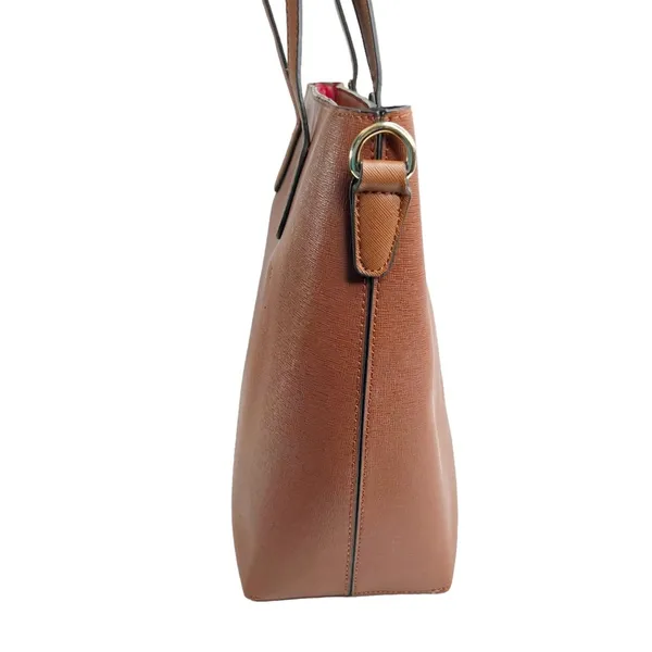Faux Leather Brown Double Handle Red Lined Tote Bag Purse - Image 8
