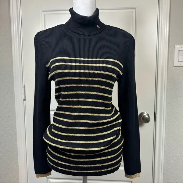 Lauren Ralph Lauren Y2K Gold Metallic Striped Classic Long Sleeve Sweater Large - Image 2