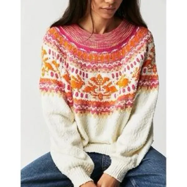 Free People fair isle Nellie Sweater Whisper White Combo bunny easter textured - Image 10