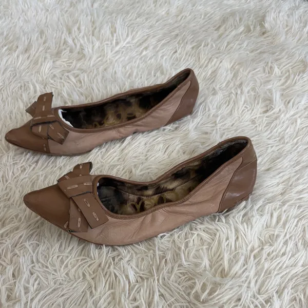 Sam Edelman Pointed Toe Ballet Flats‎ Leather Bow Accent Brown Shoes 6.5 - Image 2