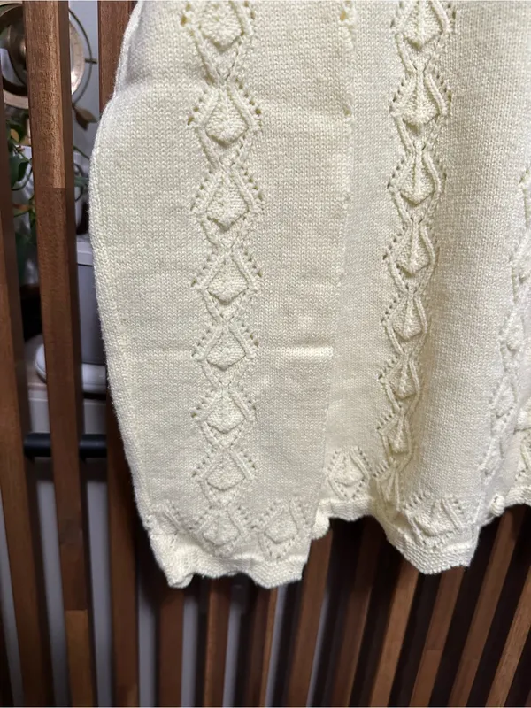Vintage Handmade Butter Yellow Diamond Pointelle Cardigan Sweater Scalloped Hem - Image 3