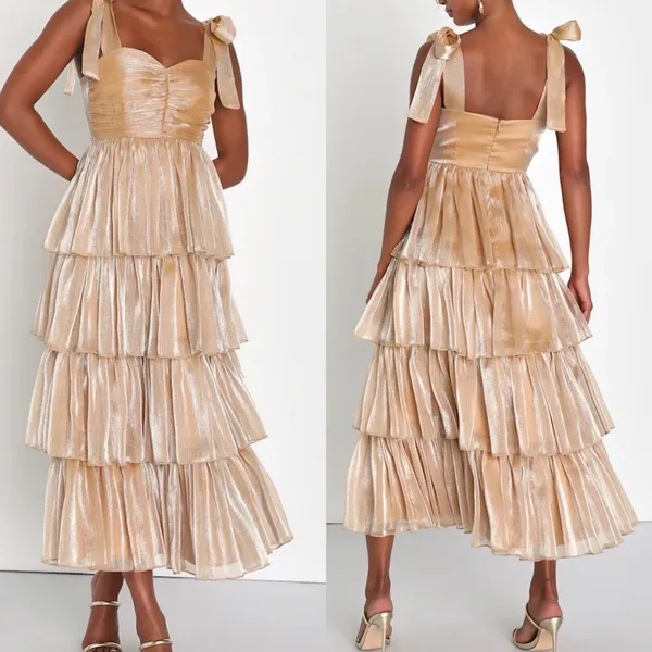 NWT Lulus Small Gold Radiant Arrival‎ Shiny Gold Organza Tiered Tie-Strap Maxi - Image 2